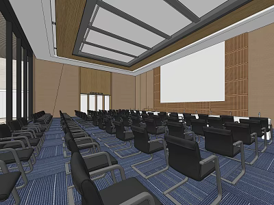 Modern Conference Room Interior With Black Chairs Blue Carpet Projection Screen And Wooden Walls 3d model