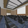 Modern Conference Room Interior With Black Chairs Blue Carpet Projection Screen And Wooden Walls