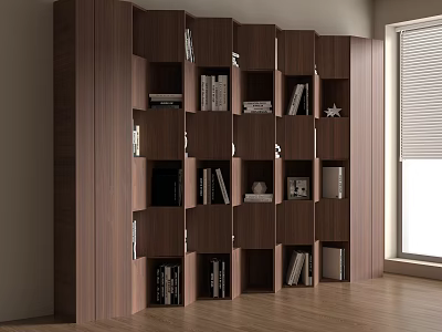 Modern Dark Brown Wooden Bookshelf With Multiple Compartments Filled With Books And Decorative Items 3d model