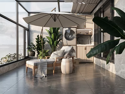 Modern Villa Balcony With Glass Walls Sun Umbrella Lounge Chair Greenery And Sea View 3d model