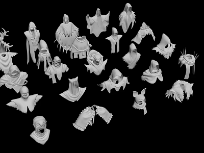 White Ghost Like Humanoid Sculptures with Various Cloaked Designs and Poses 3d model