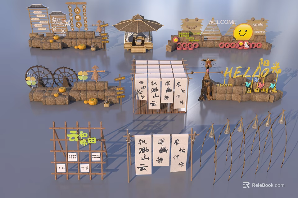 Rustic Garden Ornaments Featuring Bamboo Structures Straw Decor And Fruit Elements 3d model 