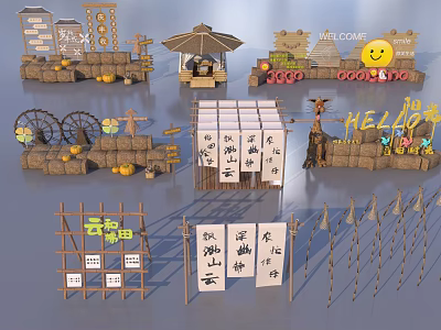 Rustic Garden Ornaments Featuring Bamboo Structures Straw Decor And Fruit Elements 3d model