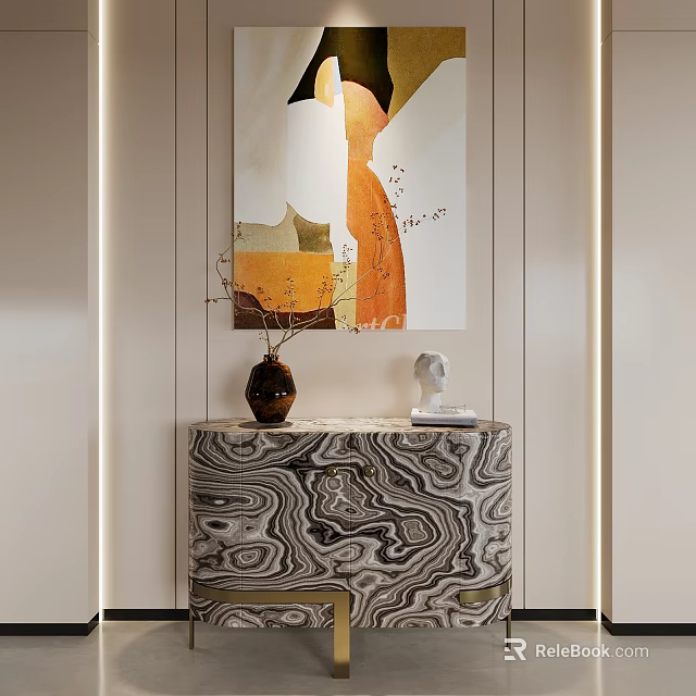 Modern Entryway Console Table With Marble Pattern Surface And Vase Sculpture Artwork On Top 3d model