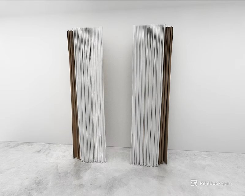 Modern Pleated Curtains In White And Brown Hanging Against White Wall 3d model 