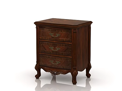 Classic Wooden Nightstand With Three Drawers Carved Legs And Decorative Handles 3d model