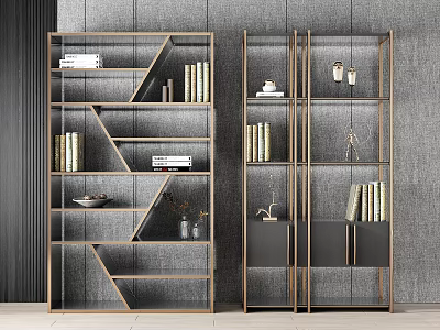Modern Geometric Bookcase with Gold Frame Shelves Books Decorative Items and Black Cabinet Doors 3d model