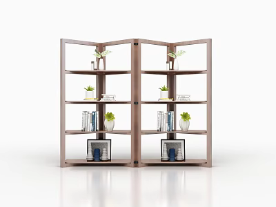 Wooden Open Bookcase With Multiple Shelves Plants Books And Decorations 3d model