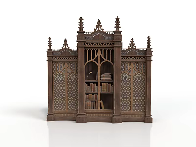 Ornate Carved Bookcase With Gothic Spires Glass Doors And Books Inside 3d model