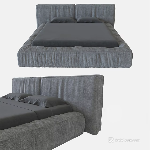 Modern Gray Double Bed With Upholstered Headboard Soft Mattress And Pillows 3d model