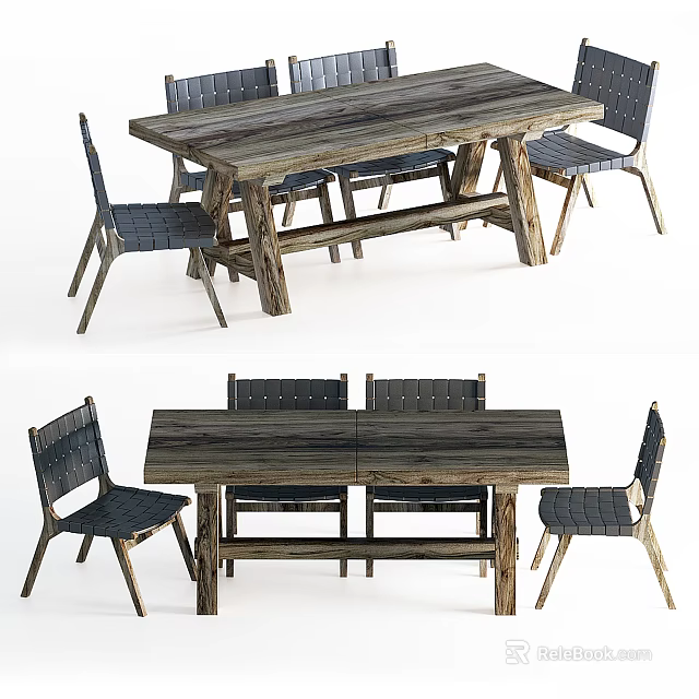 Modern Rustic Wooden Dining Table Set With Woven Seats Chairs And Natural Legs 3d model 