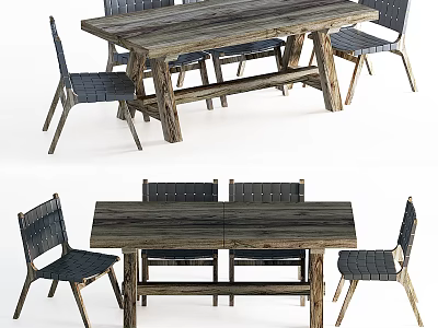 Modern Rustic Wooden Dining Table Set With Woven Seats Chairs And Natural Legs 3d model