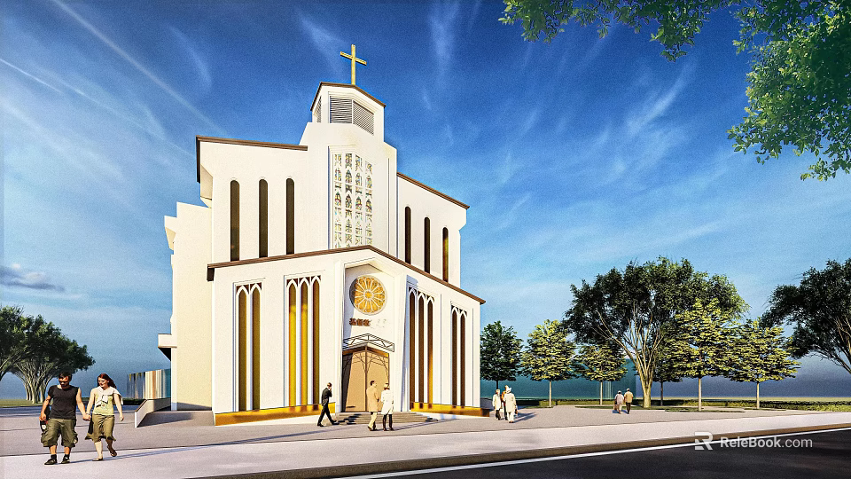 White Church Building With Cross On Top Arched Design And People Nearby 3d model 