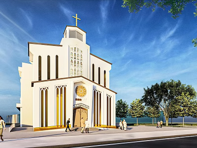 White Church Building With Cross On Top Arched Design And People Nearby 3d model