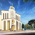 White Church Building With Cross On Top Arched Design And People Nearby