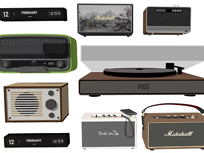 Vintage Electronic Devices Including Radios Turntables And Marshall Speakers 3d model