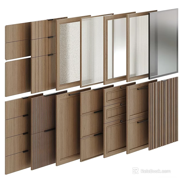 Various Modern Wardrobe Doors With Wooden Panels Glass Inserts And Slatted Designs 3d model 