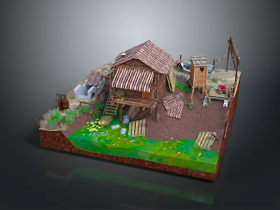 Cartoon Scene Of Rustic Thatched Roof Cottage With Green Grass Flowers And Wooden Ladder 3d model