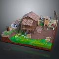 Cartoon Scene Of Rustic Thatched Roof Cottage With Green Grass Flowers And Wooden Ladder