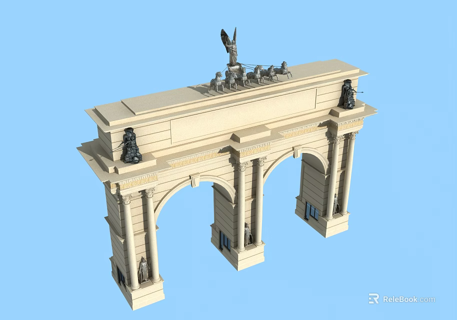 Classical Style Entrance Gate With Arched Design Statues On Top And Decorative Columns 3d model 