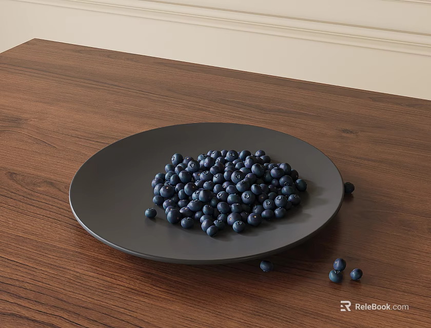 Decorative Ornament Set With Black Plate Full Of Blueberries On Wooden Table 3d model 