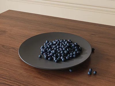 Decorative Ornament Set With Black Plate Full Of Blueberries On Wooden Table 3d model