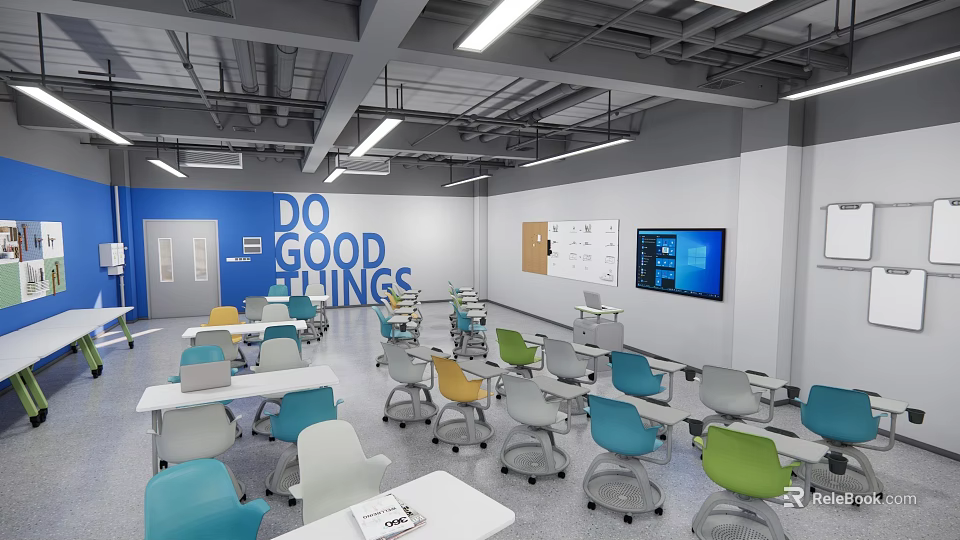Modern School Classroom Featuring Colorful Chairs White Tables Whiteboard And Large Screen 3d model 