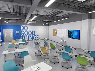 Modern School Classroom Featuring Colorful Chairs White Tables Whiteboard And Large Screen 3d model