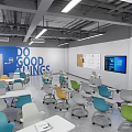 Modern School Classroom Featuring Colorful Chairs White Tables Whiteboard And Large Screen