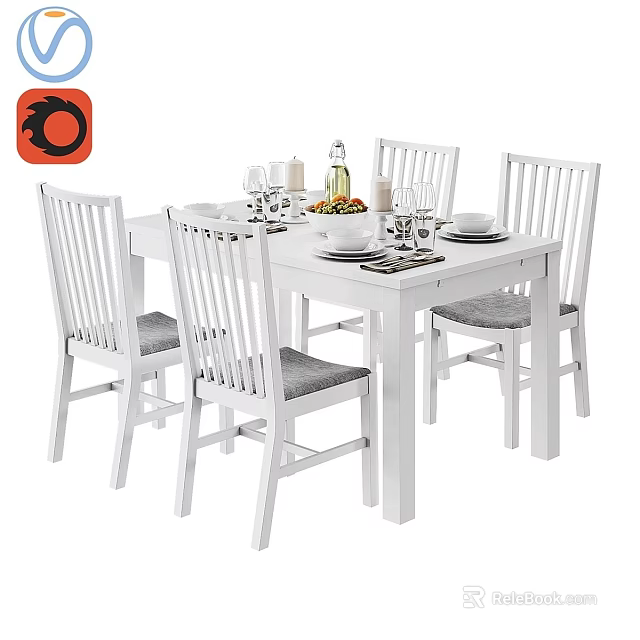 White Modern Dining Table And Chairs Set With Vase Dinnerware And Decor 3d model