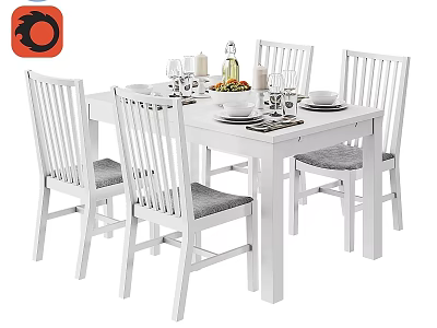 White Modern Dining Table And Chairs Set With Vase Dinnerware And Decor 3d model