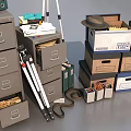 Organized Workspace Desk And Chair Set With Documents Boxes Framed Pictures Tripod And Computer