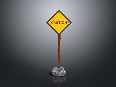 Yellow Diamond Caution Sign With Red Exclamation Mark And Brown Pole Stone Base 3d model