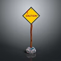Yellow Diamond Caution Sign With Red Exclamation Mark And Brown Pole Stone Base