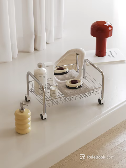 Modern Rolling Storage Rack with Toiletries Bottles Mirror and Towel on Bathroom Countertop 3d model 