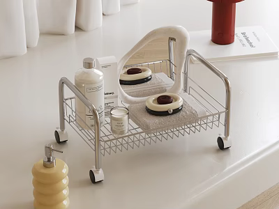 Modern Rolling Storage Rack with Toiletries Bottles Mirror and Towel on Bathroom Countertop 3d model