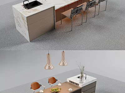 Elegant Modern Bar Counter With Marble Top And Hanging Pendant Lights And Comfortable Stools 3d model