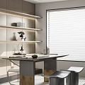 Modern Study Room Interior With Wall Shelves Writing Desk And Window Blinds 3d model
