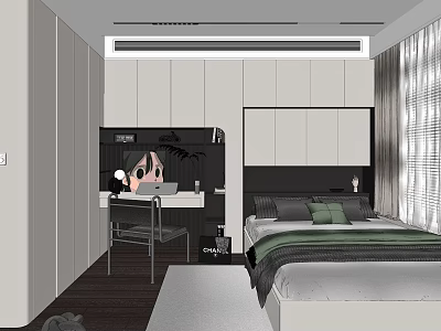 Modern Tatami Bedroom Interior Design With White Cabinets Desk Bed And Window Blinds 3d model