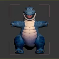 Blue Dinosaur Plush Toy with Red Spikes White Belly Open Mouth Standing on Dark Background