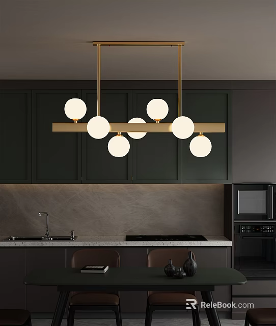 Modern Kitchen Pendant Light With Spherical Bulbs On Long Bar Above Green Cabinets 3d model 