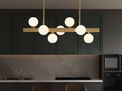 Modern Kitchen Pendant Light With Spherical Bulbs On Long Bar Above Green Cabinets 3d model