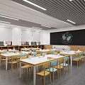 School Classroom Interior With Yellow Gray Walls Tables Chairs Lectern And Wall Artworks 3d model