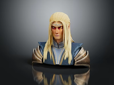 Elven Warrior Character With Golden Long Hair Blue Gold Armor Decorative Shoulders And Forehead Accessory 3d model