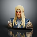 Elven Warrior Character With Golden Long Hair Blue Gold Armor Decorative Shoulders And Forehead Accessory