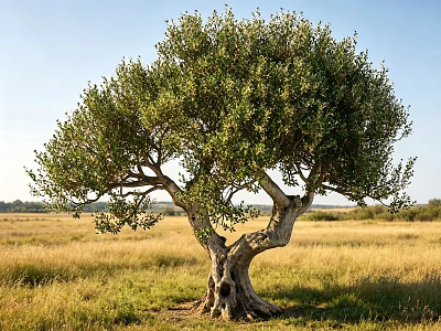 Ancient Olive Tree With Spreading Branches And Green Leaves In Open Grassland Under Blue Sky 3d model