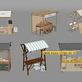 Different Small Market Stall Models With Various Designs And Selling Items 3d model