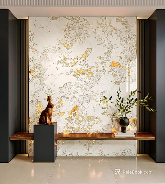 Luxurious TV Background Wall With Golden Veins And Decorations 3d model 