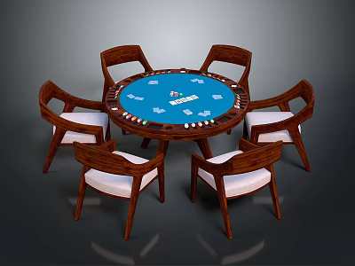 Round Wooden Poker Table With Six Chairs Featuring Poker Chips And Playing Cards 3d model