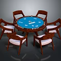 Round Wooden Poker Table With Six Chairs Featuring Poker Chips And Playing Cards